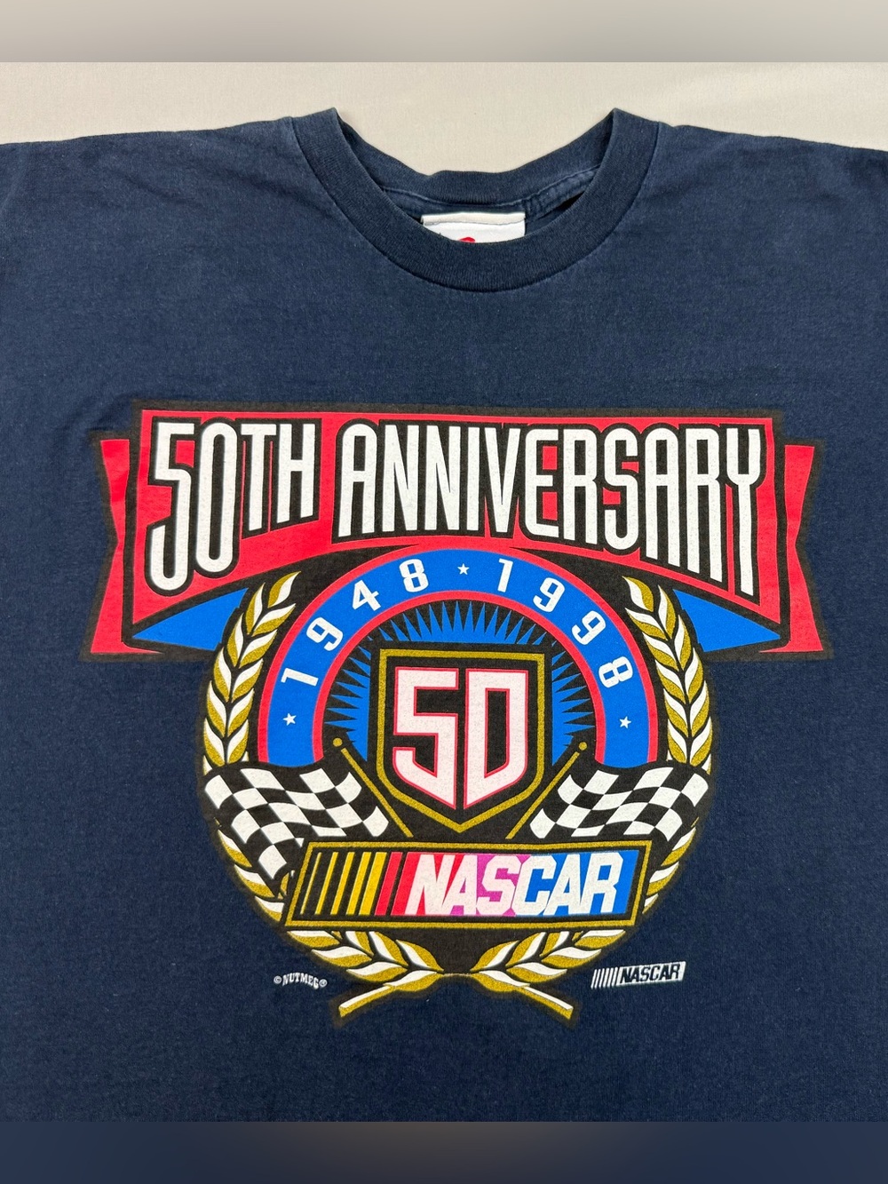 Vtg 90s Nascar 50th Anniversary Mens T-Shirt Sz Large Navy Blue Nutmeg Mills B1
